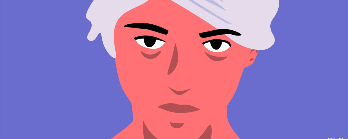 animated portrait of person’s head and shoulders; facial expression depicts a sense of feeling intimidated in conflict interaction with manager Colour: person has pink face to collar with furrowed black eyebrows , grey hair and t-shirt on purple background.