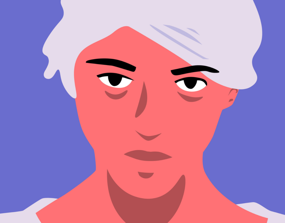 animated portrait of person’s head and shoulders; facial expression depicts a sense of feeling intimidated in conflict interaction with manager Colour: person has pink face to collar with furrowed black eyebrows , grey hair and t-shirt on purple background.